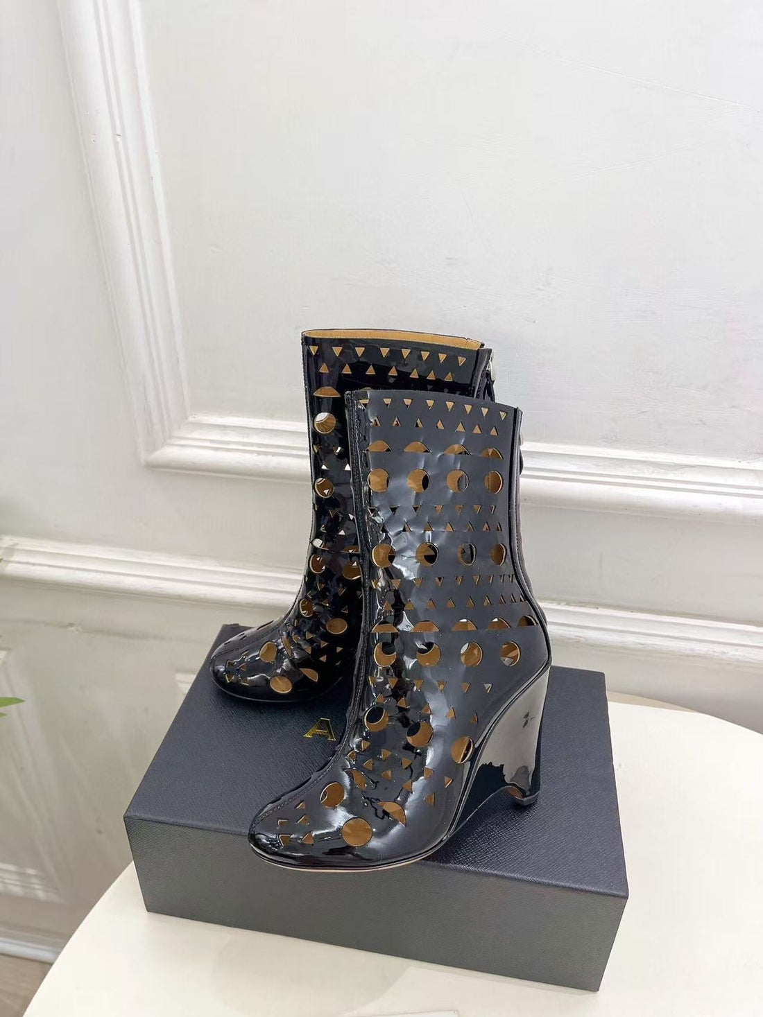 Alaïa Vienne Ankle Wedge Heel Boots 90MM Black Suede