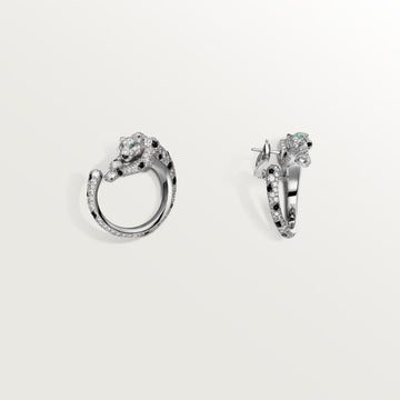 Panthere Diamond Onyx Green Emeral Silver Earrings