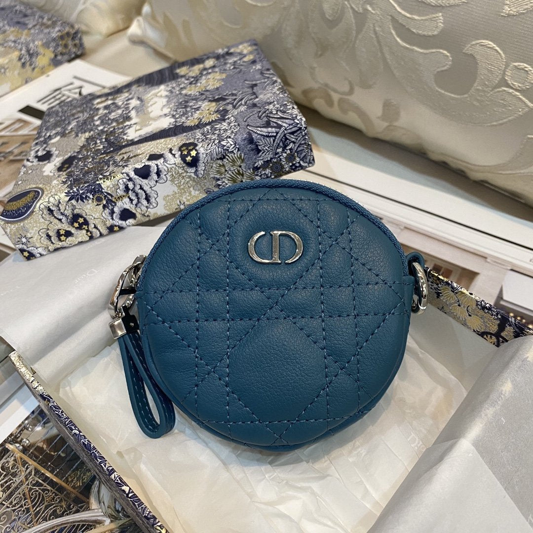 Detachable Caro Round Coin Purse Deep Ocean Blue Cannage Calfskin