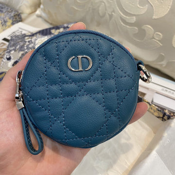 Detachable Caro Round Coin Purse Deep Ocean Blue Cannage Calfskin