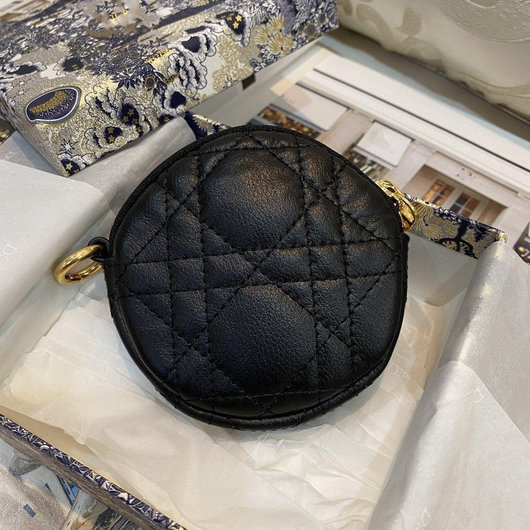 Detachable Caro Round Coin Purse Black Cannage Calfskin