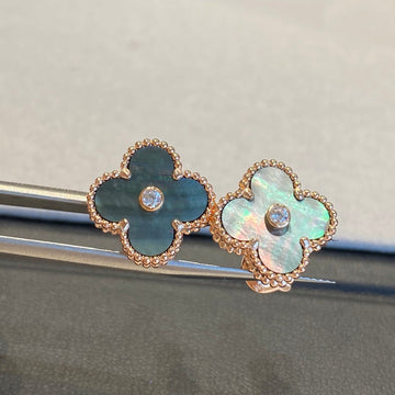 Clover Black Mop Pink Gold Diamond Earrings