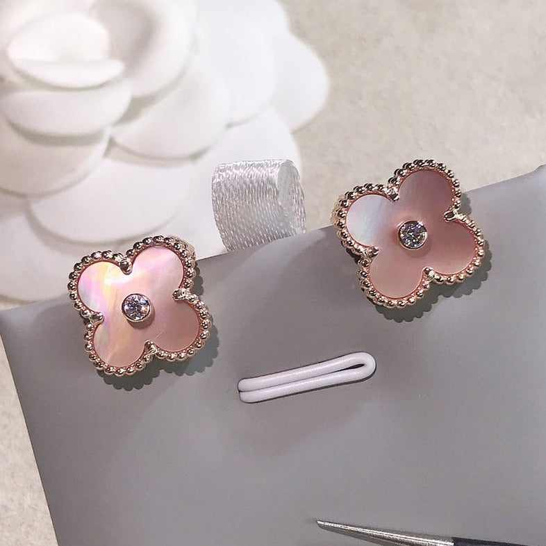 Clover Gold Pink Mop Earrings