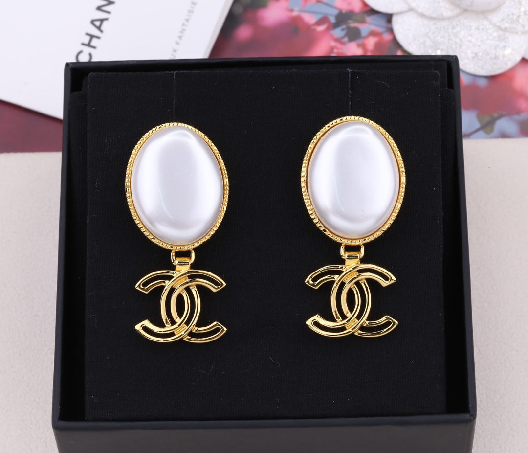 Double C Gold White Drop Earrings
