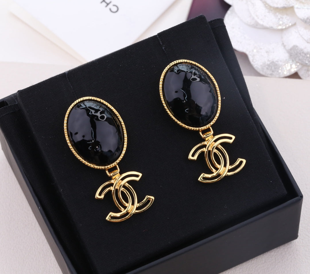 Double C Gold Black Drop Earrings