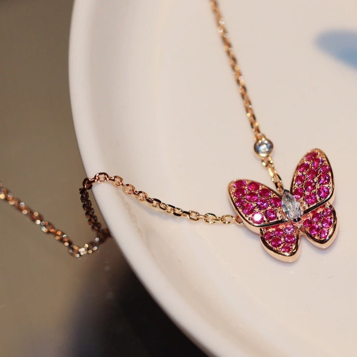 Butterfly Red Diamond Pink Gold Necklace