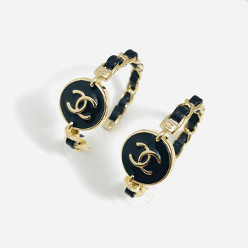 Double C Black Leather Gold Hoop Earrings
