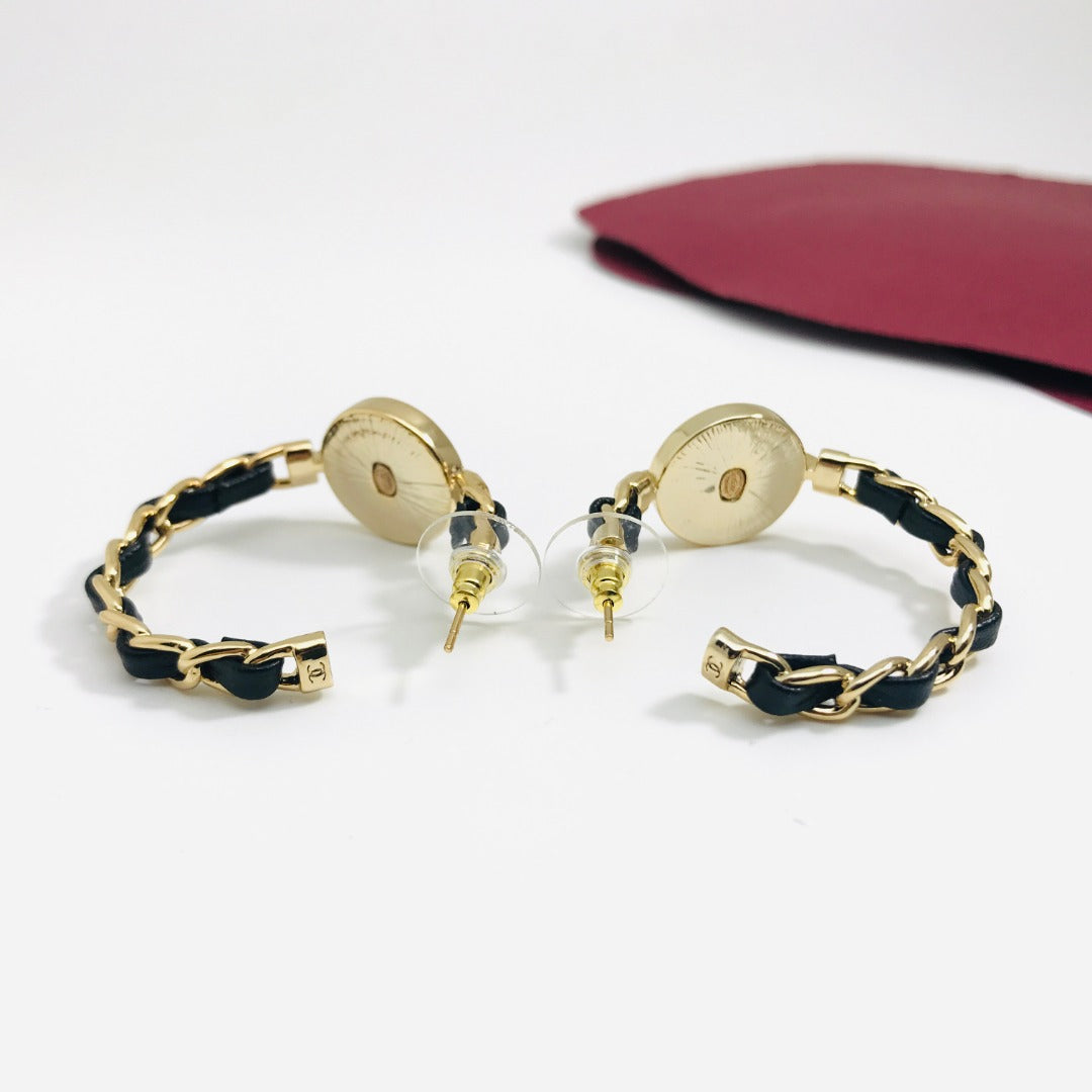 Double C Black Leather Gold Hoop Earrings