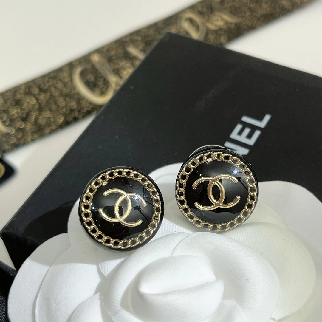 Double C Black Enamel Stud Earrings
