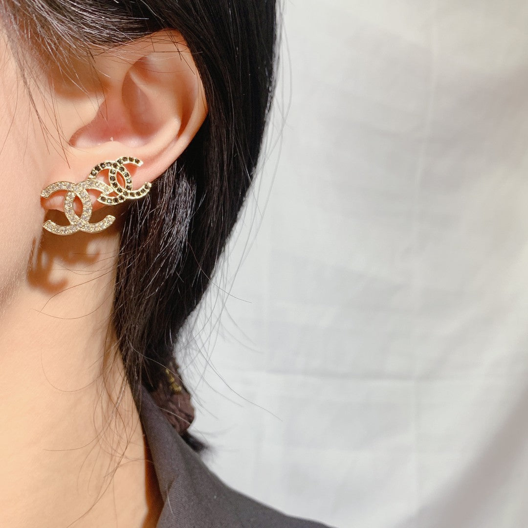 Double Stud Double C Diamond Gold Earrings