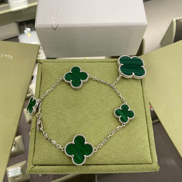 Clover 5 Motifs Sivler Malachite Bracelet