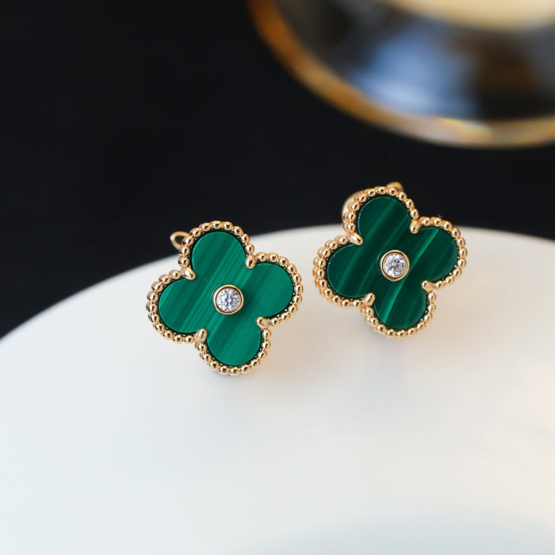 Clover Malachite Diamond Earrings