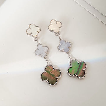 Clover 3 Motifs Chalcedony Dark Mop Silver Earrings