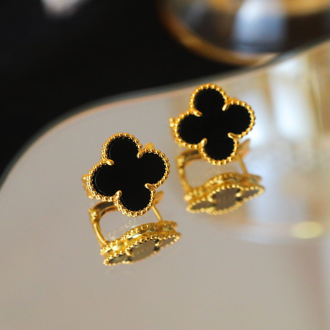Clover Medium Gold Onyx Stud Earrings