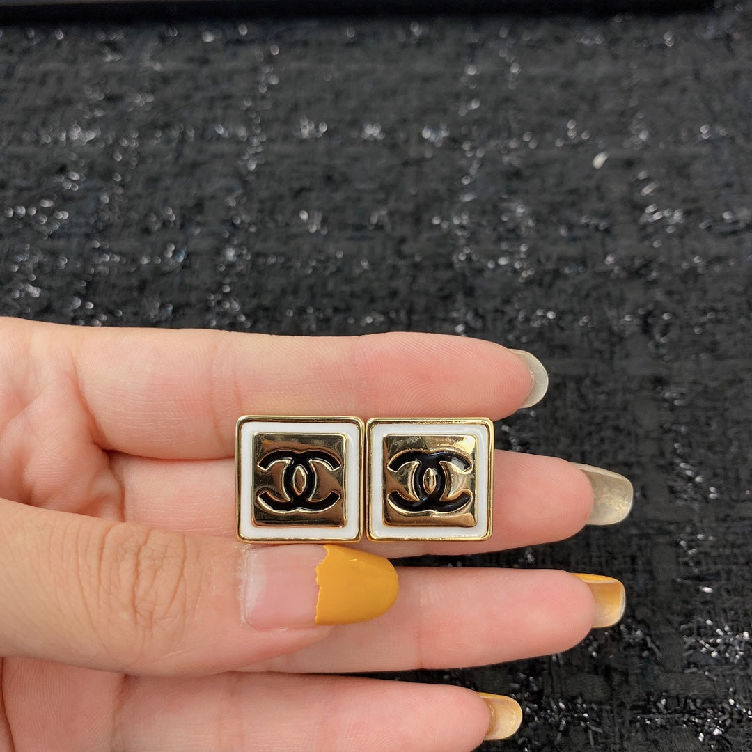 CC Square Gold Black Stud Earrings