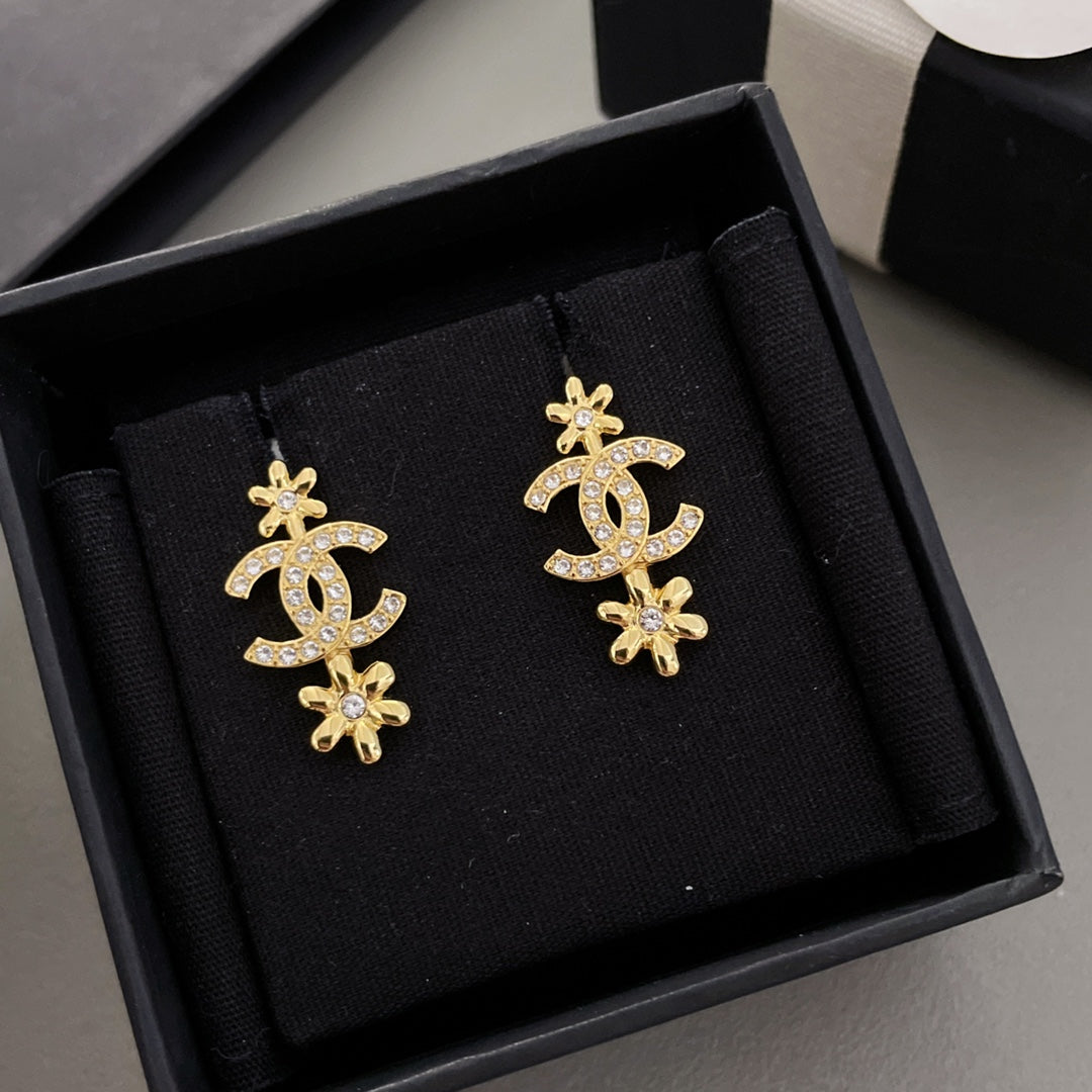 Double Flower CC Gold Diamond Drop Earrings