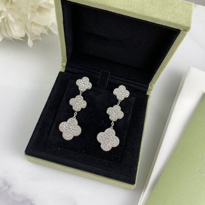 Clover 3 Motif Diamond Silver Drop Earrings