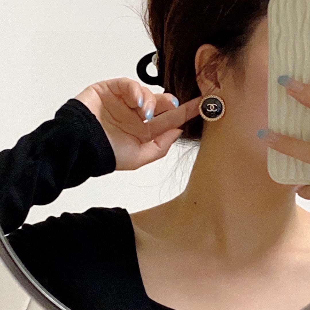 CC Circle Pink Gold Enamel Stud Earrings