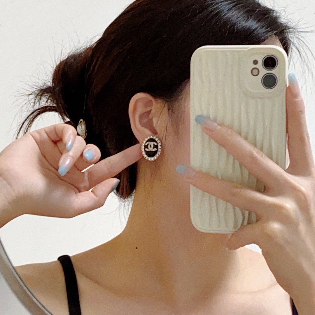 CC Diamond Black Enamels Oval Stud Earrings