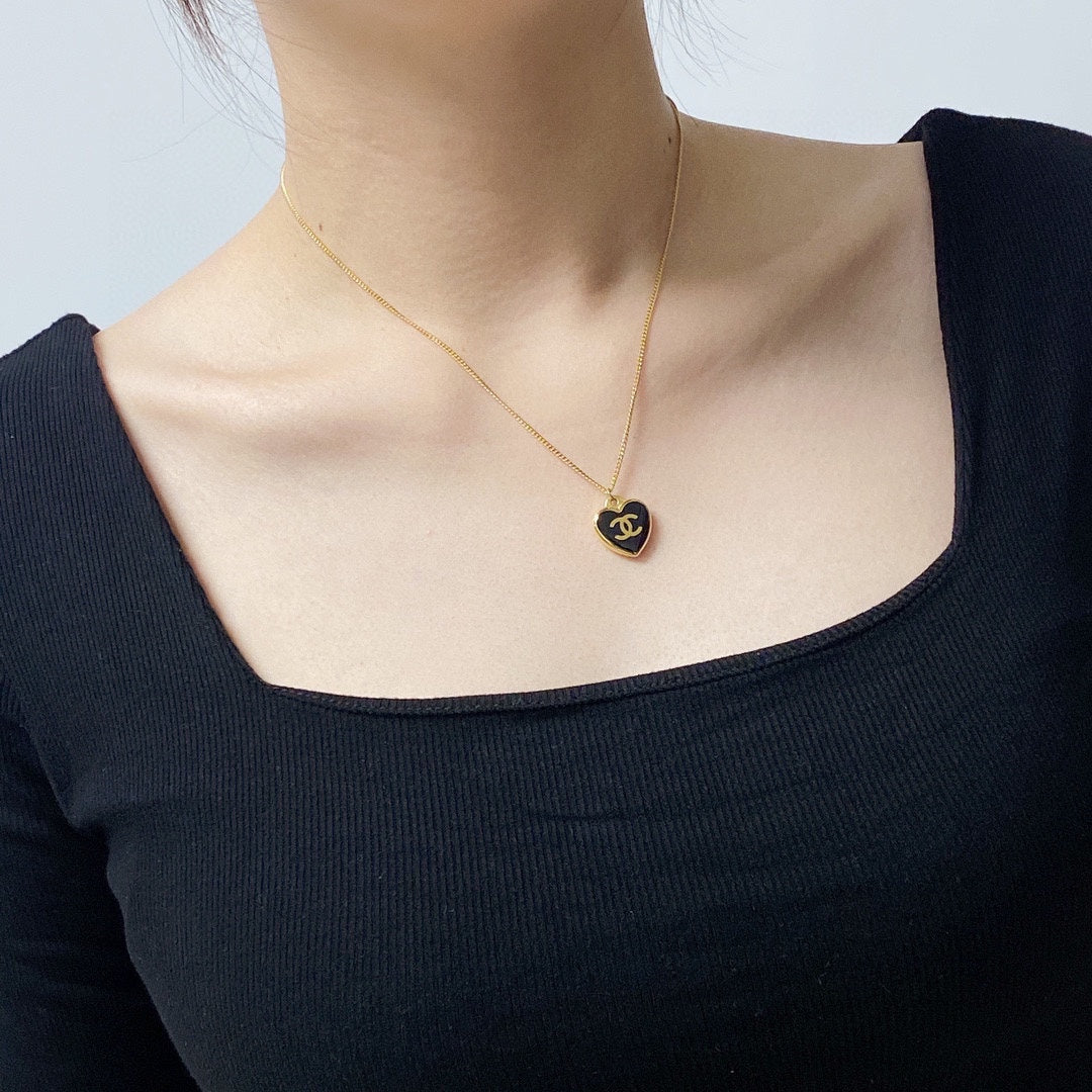 CC Heart Black Enamel Gold Necklace