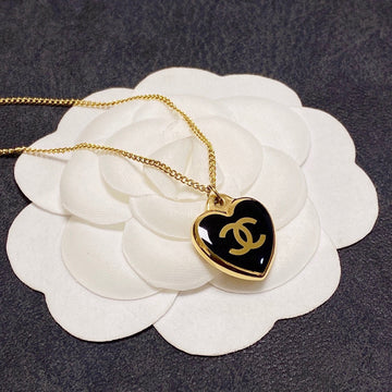 CC Heart Black Enamel Gold Necklace