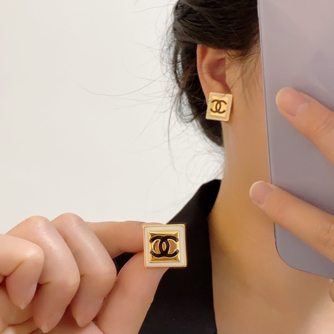 CC Light Gold And White Enamel Square Earrings