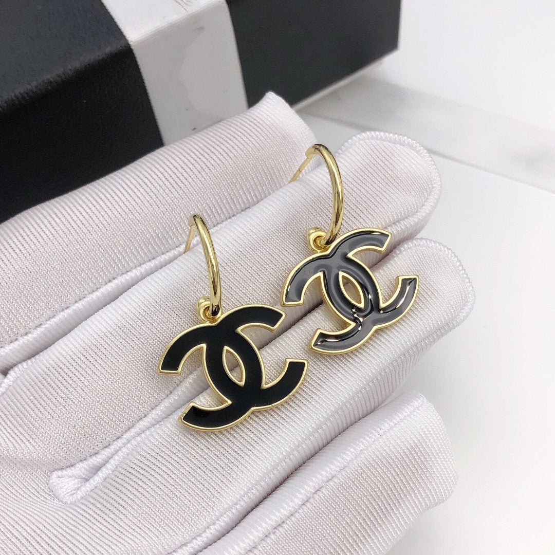CC Gold Black Enamel Drop Earrings