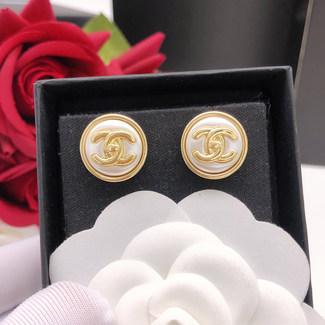 CC Gold White Enamel Circle Earrings