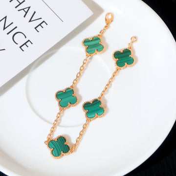 Clover 5 Motif Malachite Pink Gold Bracelet