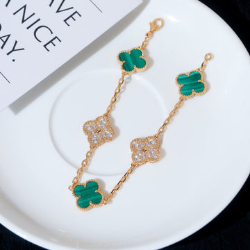 Clover 5 Motif Malachite Diamond Pink Gold Bracelet