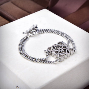 Paved Anagram Double Chain Silver Bracelet