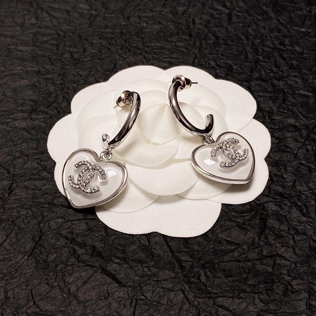 CC Silver White Enamel Hoop Earrings