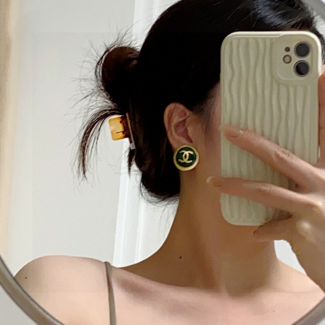 CC Light Gold Green Enamel Circle Stud Earrings