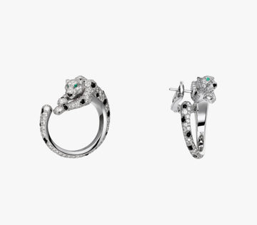 Panthere Onyx Malchite Silver Diamond Earrings