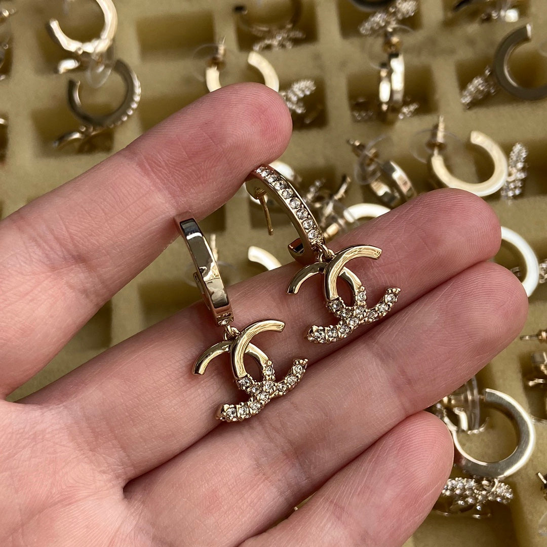 CC Half Diamond Pink Gold Drop Earrings