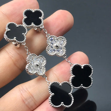 Clover 3 Motif Diamond Onyx Silver Earrings