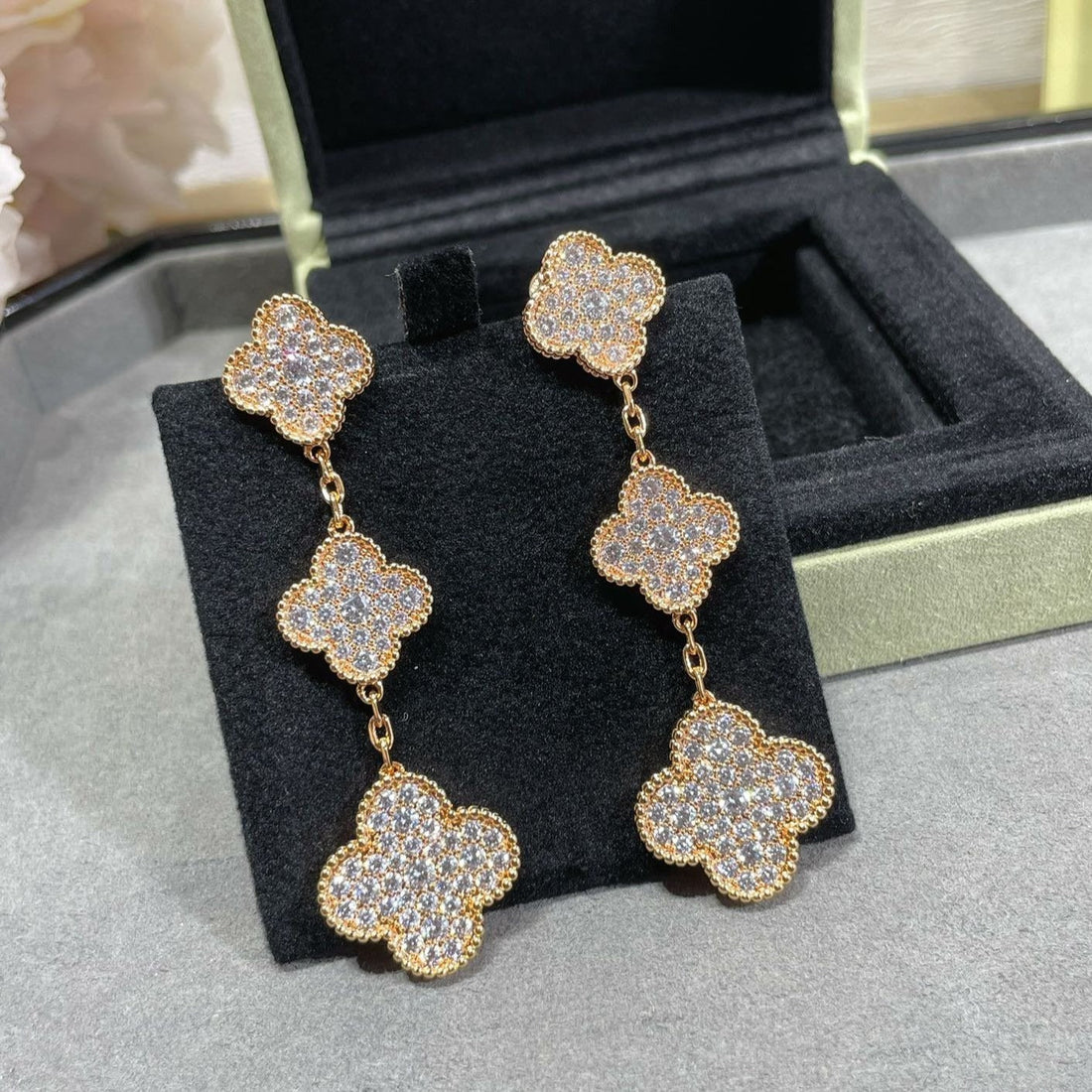 Clover 3 Motifs Diamond Paved Pink Gold Earrings