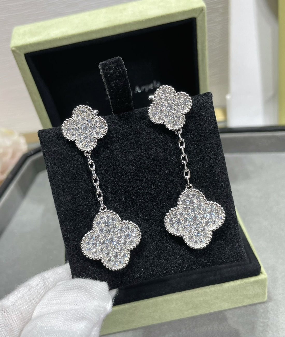 Clover 2 Motifs Diamond Paved Silver Earrings