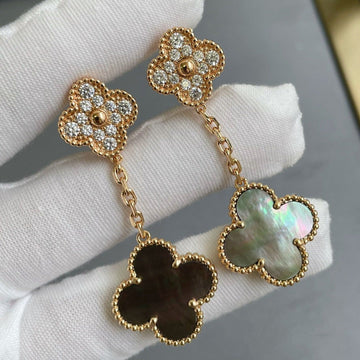 Clover 2 Motif Diamond Dark Mop Earrings