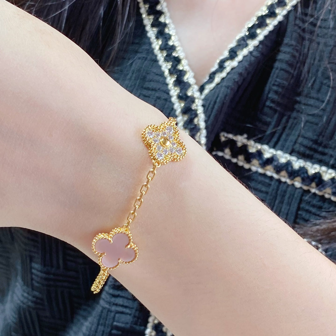 Clover 5 Motif Diamond Pink Mop Pink Gold Bracelet