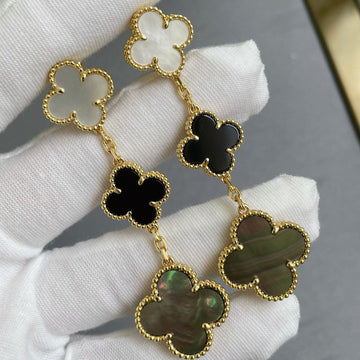 Clover 3 Motif Mop Onyx Dark Mop Pink Gold Earrings