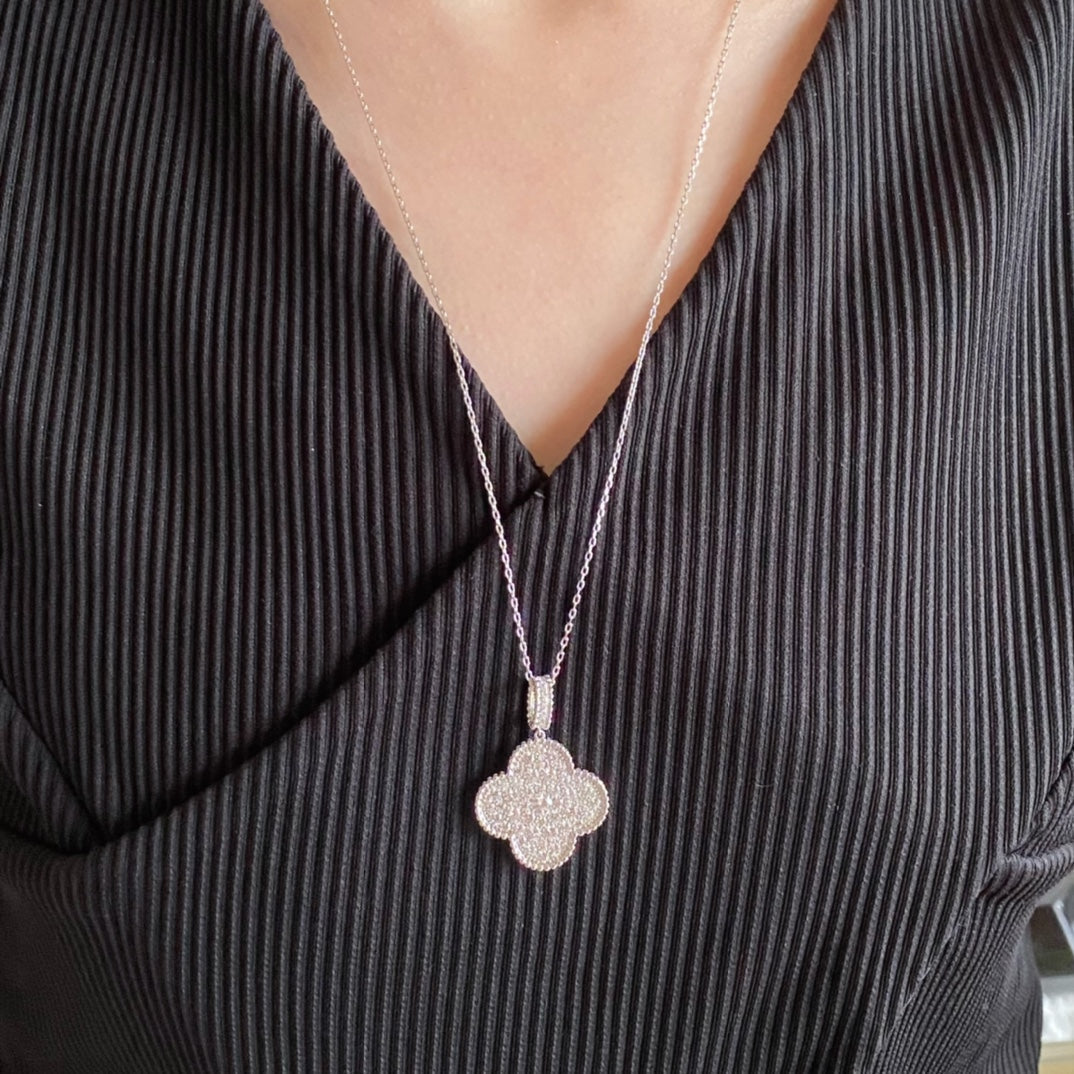 Clover Large Pedant Diamond Paved Long Necklace