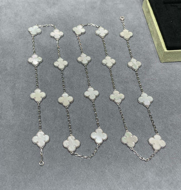 Clover 20 Motif White Mop 86CM Silver Necklace