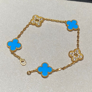 Clover 5 Motif Turquoise Diamond Gold Bracelet