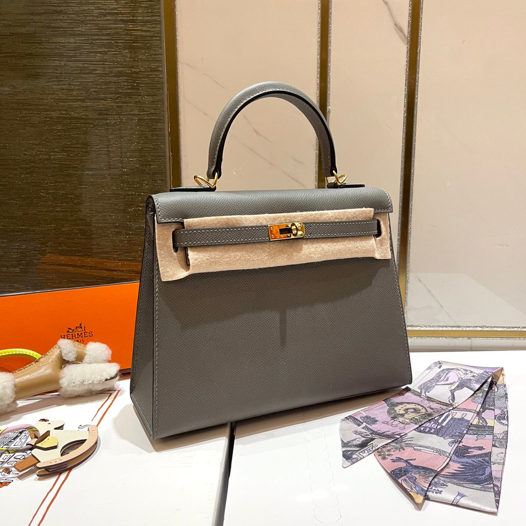 HM Kelly 25CM Gris Mouette Epsom Leather Gold Hardware