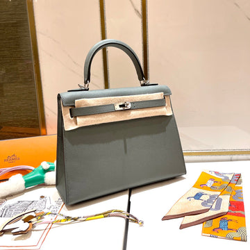 HM Kelly 25CM Gris Mouette Epsom Leather Silver Hardware