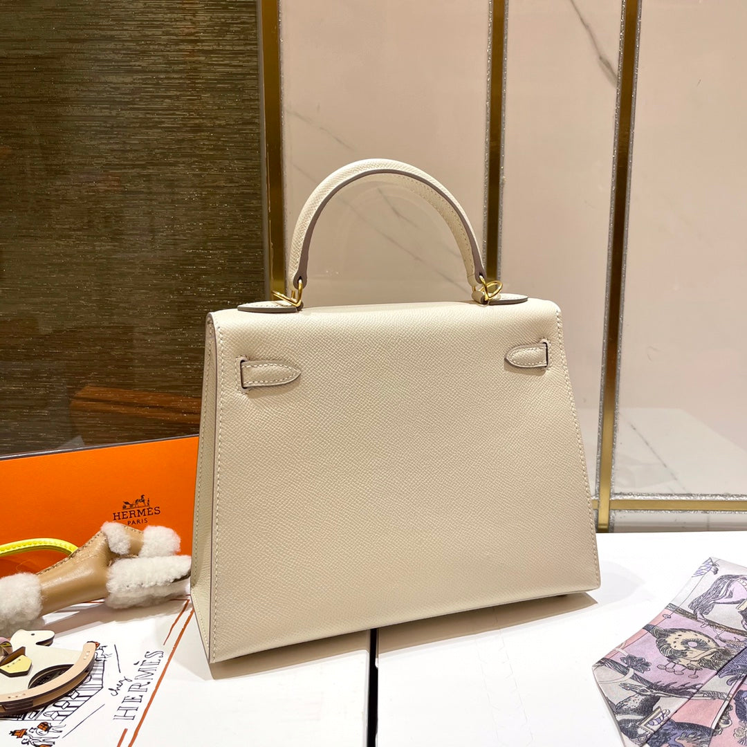 HM Kelly 25CM Ivory White Epsom Leather Gold Hardware