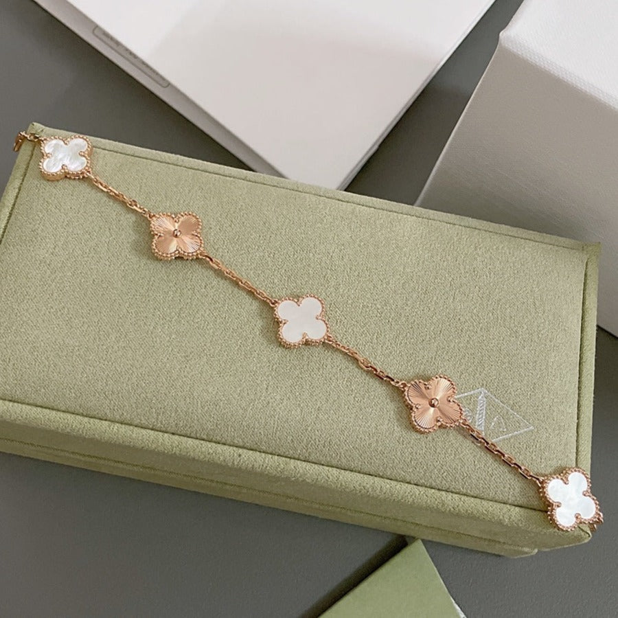 Clover Bracelet 5 Motif White Mop Pink Gold