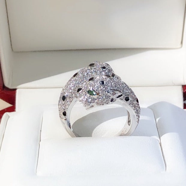 Double Panthere Silver Diamond Ring