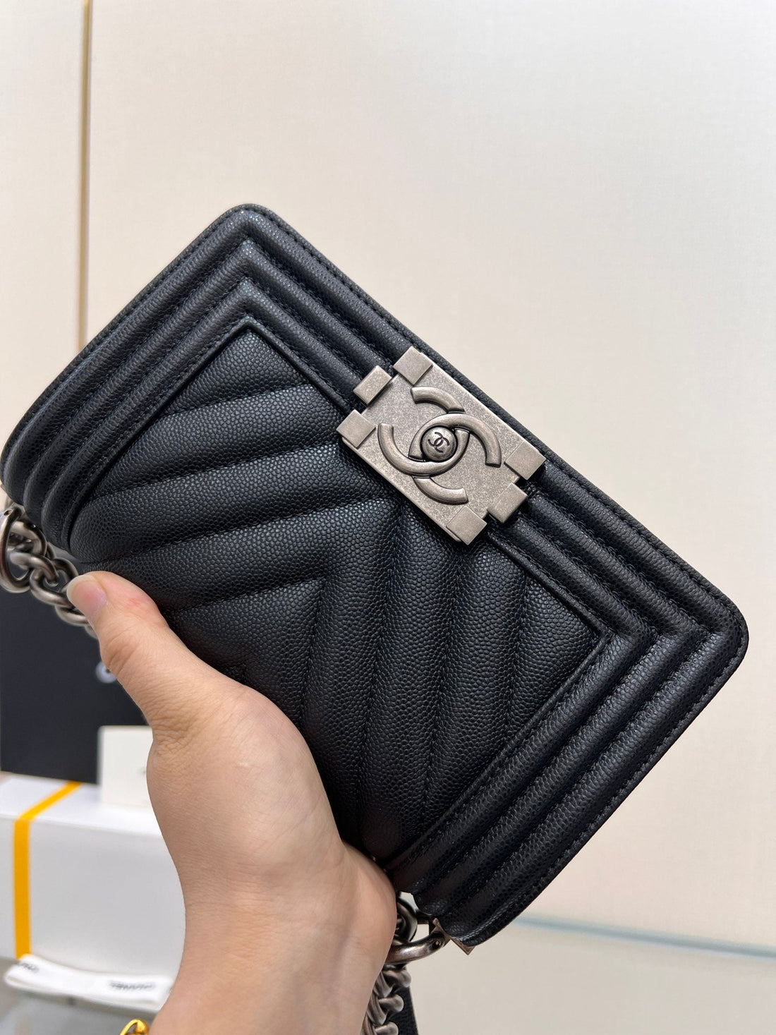Boy Bag Small 20 Black Chevron Caviar Ruthenium Hardware